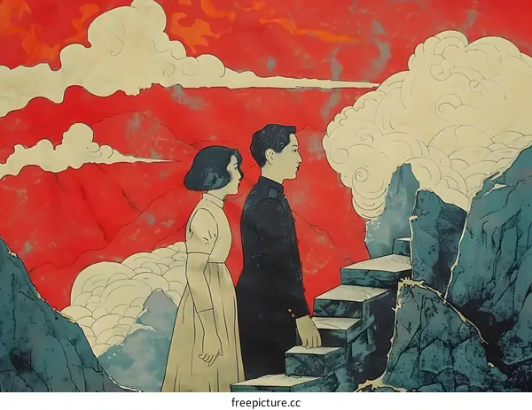 A poster of a man and a woman standing on a cliff, looking out at the sea.