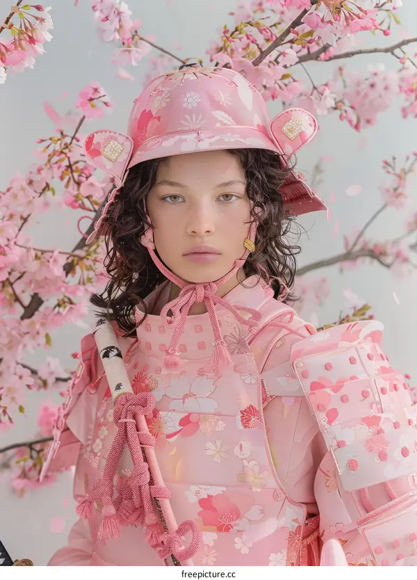 Samurai Girl with Pink Blossoms
