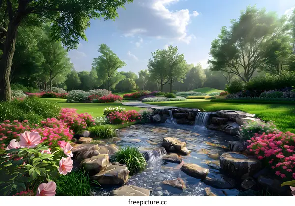 A lush green garden with a stream