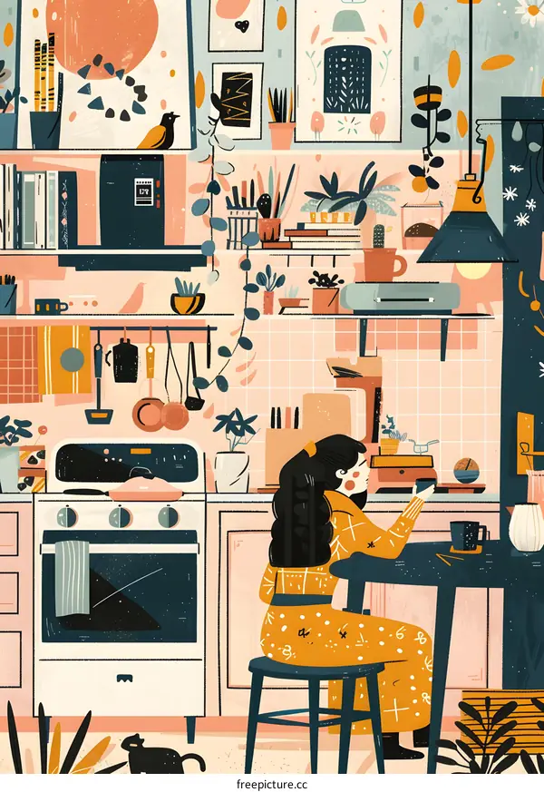 A woman with a black hair in the kitchen with a cat illustration