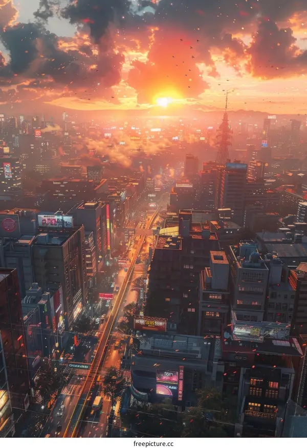 Futuristic City Sunset Skyline Illustration