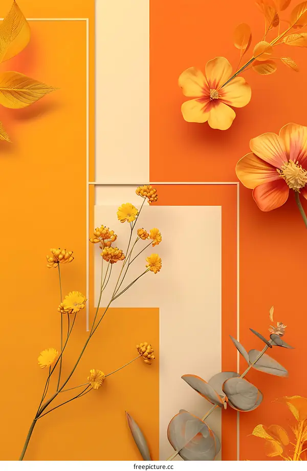 Abstract Minimalist Floral Arrangement in Orange and Yellow