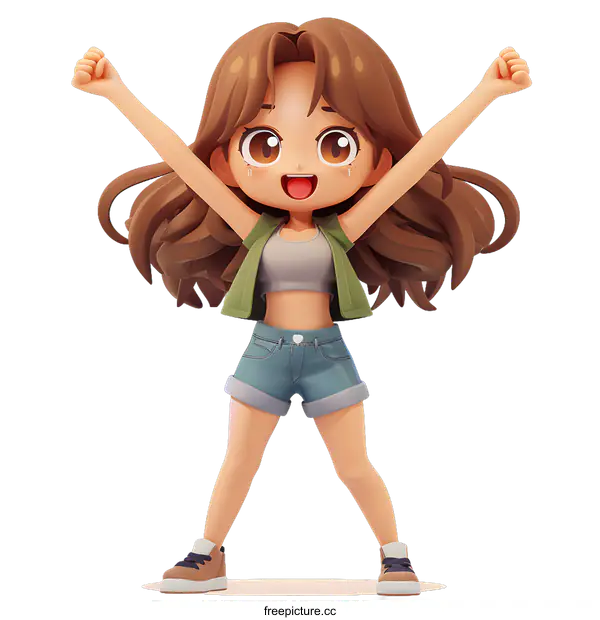 [Transparent Background PNG]Cute anime girl with brown hair and brown eyes wearing a crop top and denim shorts