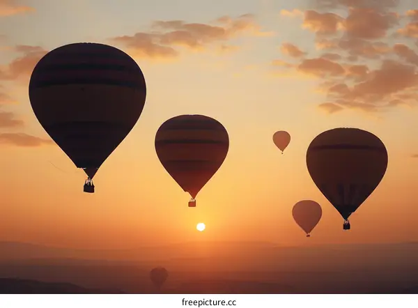 Hot Air Balloons Flying Over Sunrise Landscape
