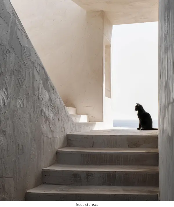 Black Cat on a Greek Terrace Overlooking the Aegean Sea