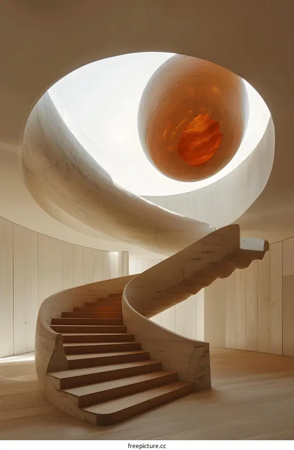 Modern Spiral Staircase in a Circular Room with a Skylight