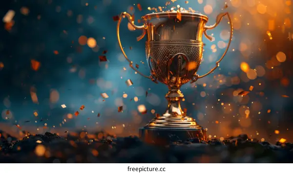 Golden trophy with shiny particles and bright background