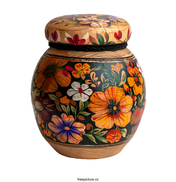 [Transparent Background PNG]Wooden Jar with Floral Design