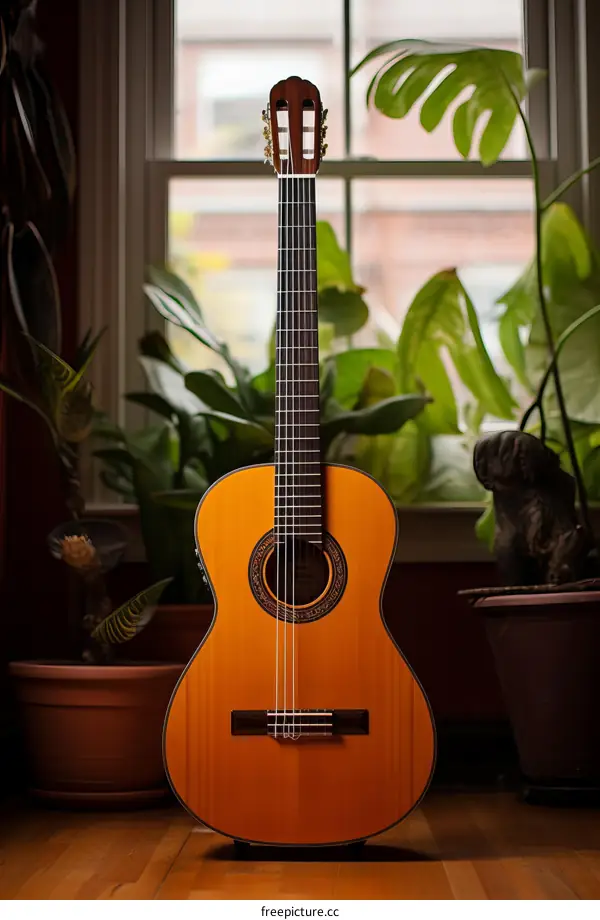 A classical guitar sits in front of a living room window.
