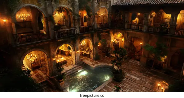 Illuminated Courtyard with Pool and Archways