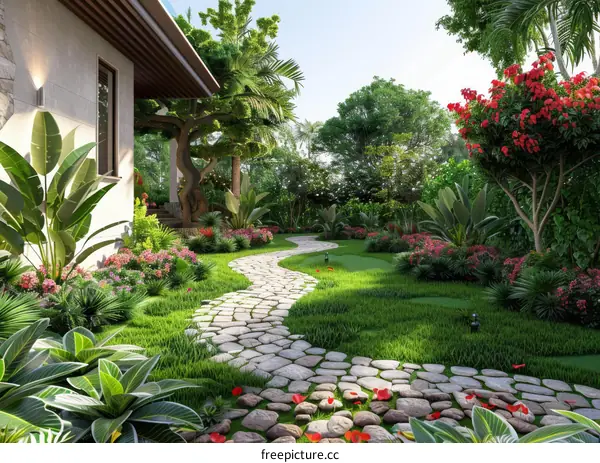 Stone Path Winding Through a Lush Garden