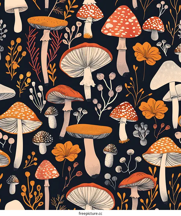 Autumn Forest Mushrooms Seamless Pattern Illustration