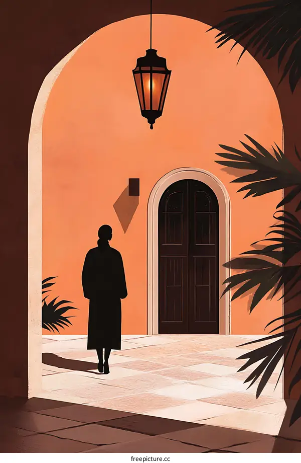 Woman Standing In Front Of A Doorway With A Hanging Lantern