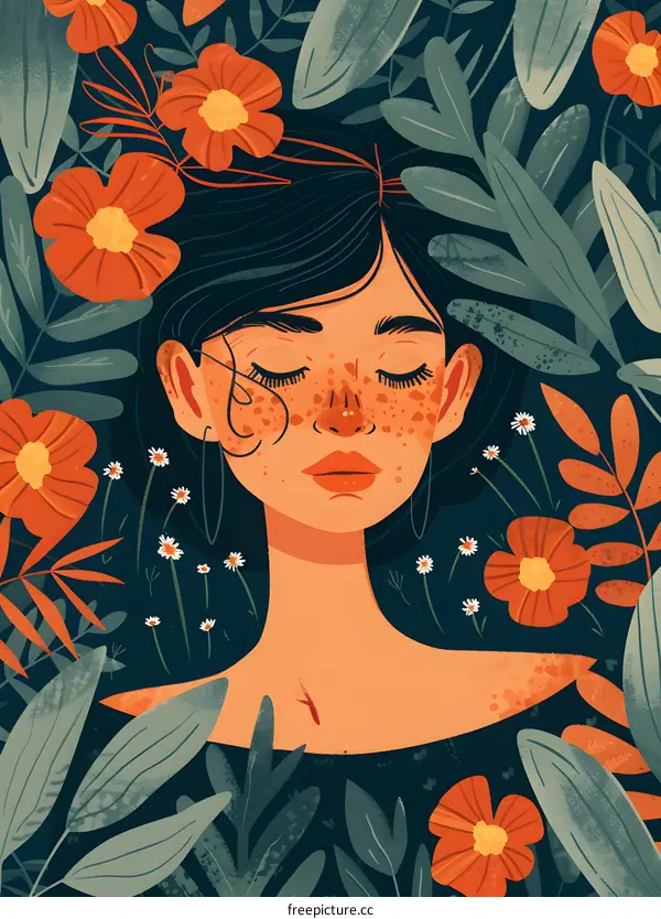 Woman with Flowers and Freckles Illustration