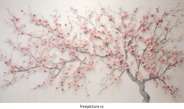 Delicate pink cherry blossom tree with intricate branches and petals