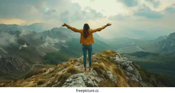Young woman standing on top of a mountain with her arms outstretched enjoying the view