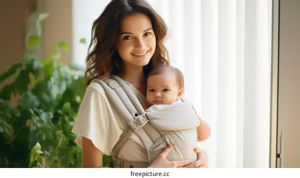 A mother is holding her baby in a baby carrier