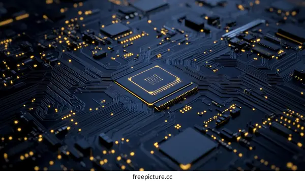 High-Tech Circuit Board with Illuminated Chip
