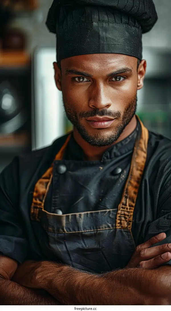 Focused Male Chef with Arms Crossed in a Black Uniform