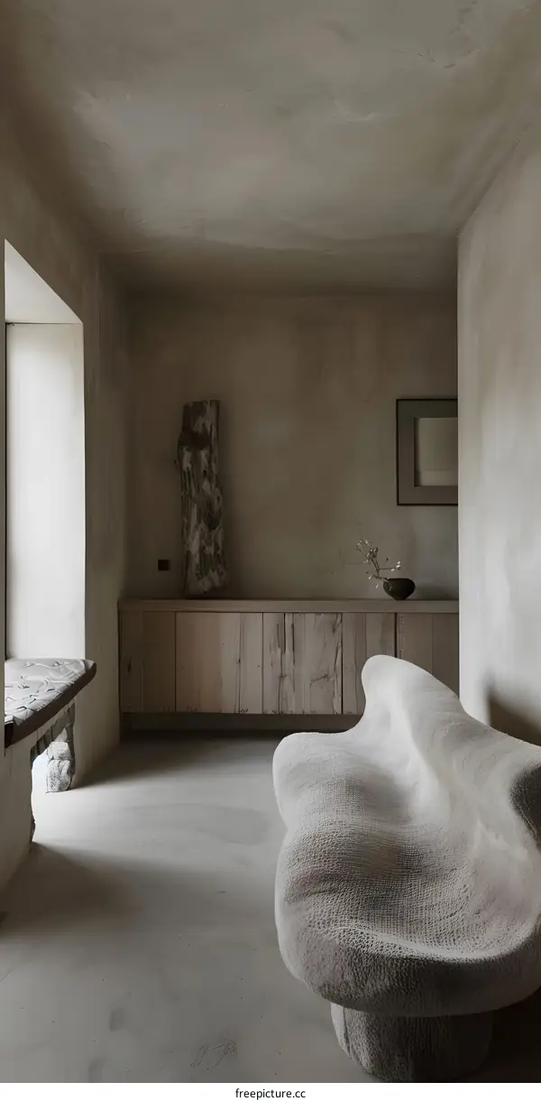 Modern Minimalist Interior Design With Stone Sculpture Bench