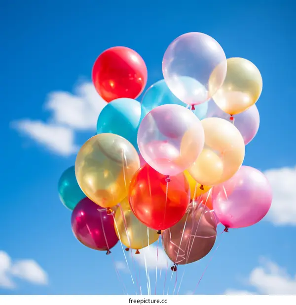 A bunch of colorful balloons floating in the blue sky