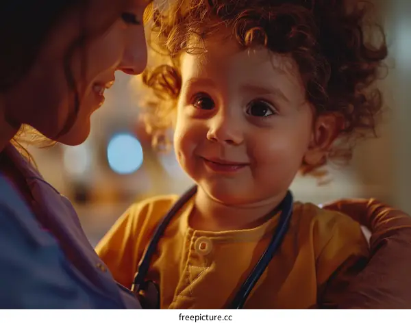Toddler with curly hair smiling at a doctor