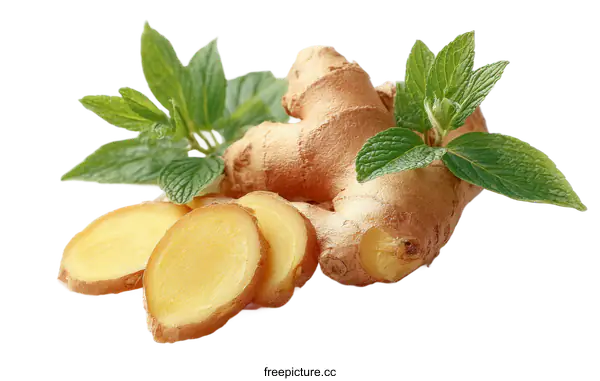 [Transparent Background PNG]Fresh Sliced Ginger with Mint Leaves