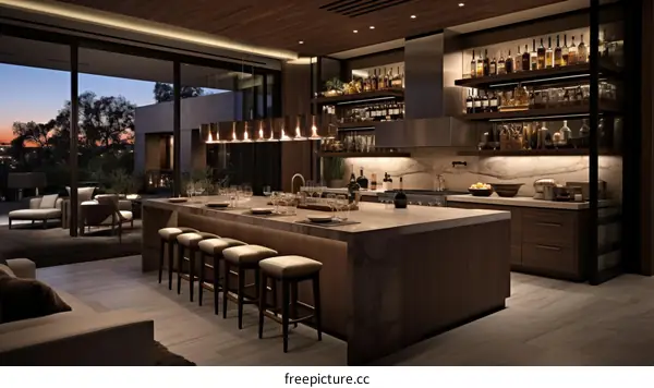 Modern luxury house interior design with kitchen, dining area and living room