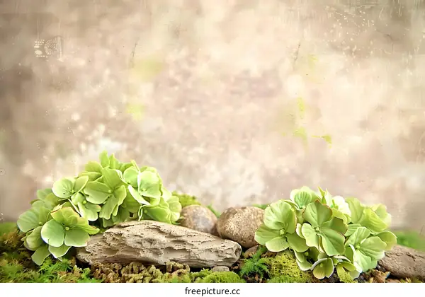Green Hydrangeas and Stones on Moss Background