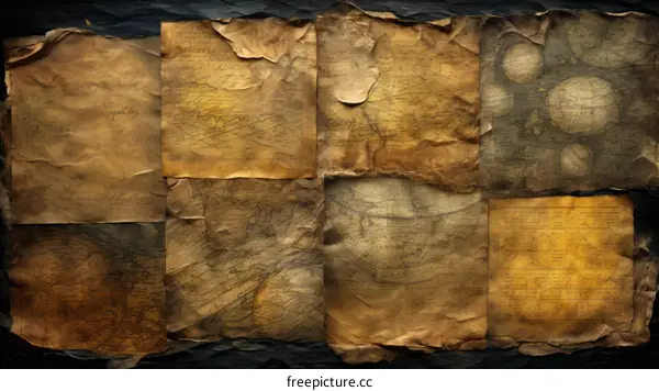 A collection of old and worn paper textures with a dark background