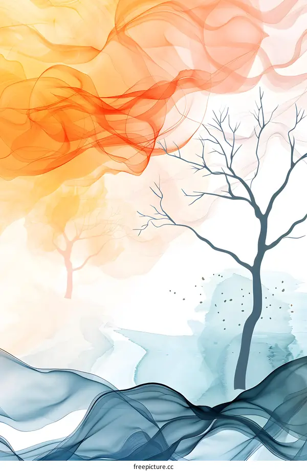 Abstract Watercolor Painting with Trees and Waves