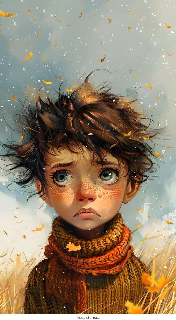 portrait of a sad looking boy with freckles and big eyes wearing an orange scarf with autumn leaves falling around him