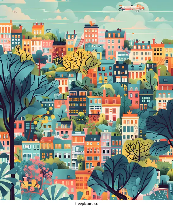 Colorful Cityscape Illustration with Buildings and Trees