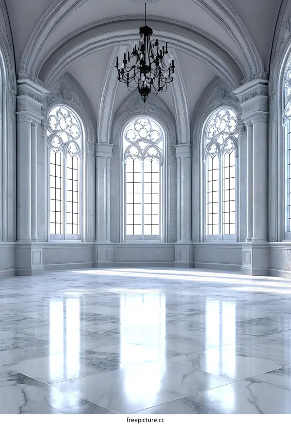 Elegant White Interior Room With Large Windows And Chandelier