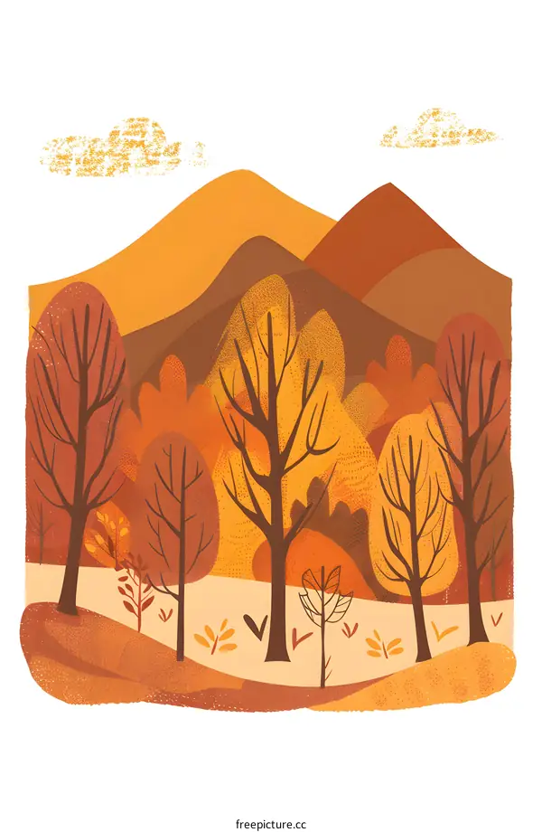 Autumn Landscape Illustration with Mountains and Trees
