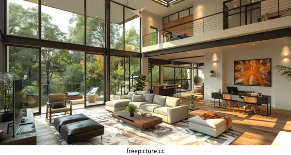 Modern Open Floor Plan Living Room with Large Windows