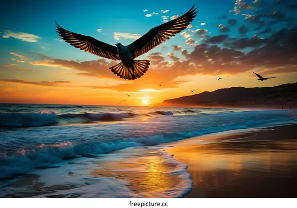Majestic Bald Eagle Soaring over the Ocean at Sunset