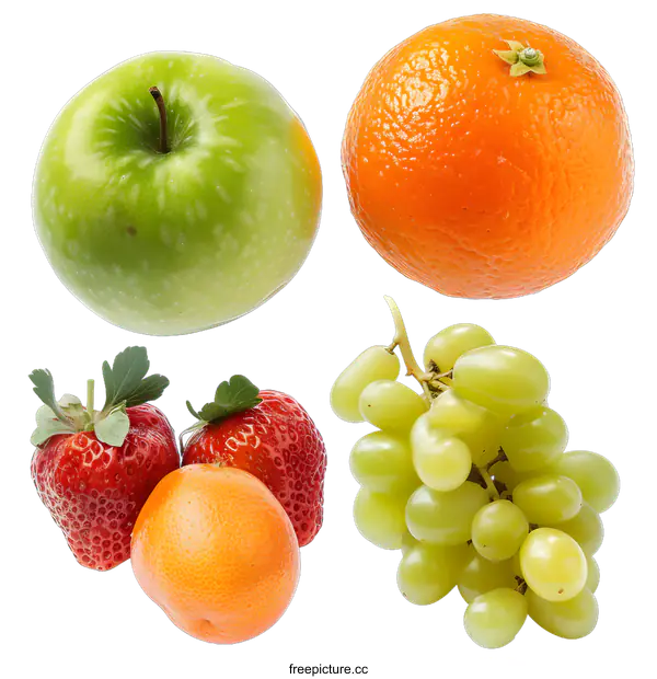 [Transparent Background PNG]Fresh Green Apple Red Strawberry Orange and Green Grapes