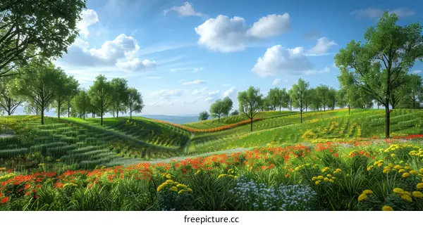 Lush Green Hills Bursting with Colorful Flowers