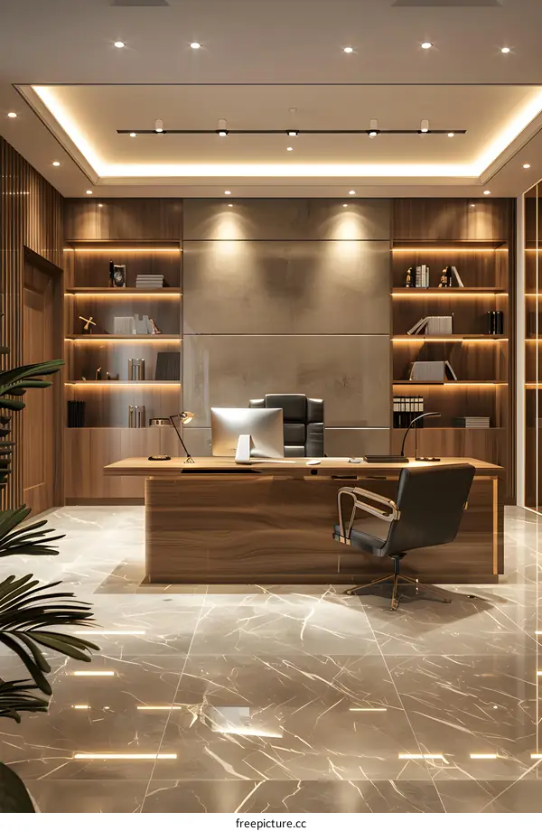 Modern office interior design with wooden desk and marble floor