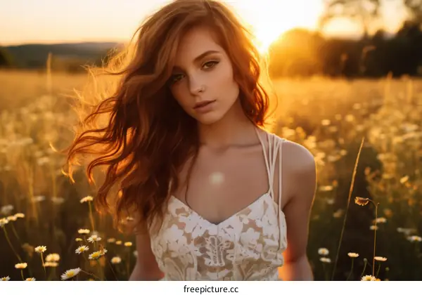 Portrait of a beautiful redheaded woman in a field of daisies at sunset
