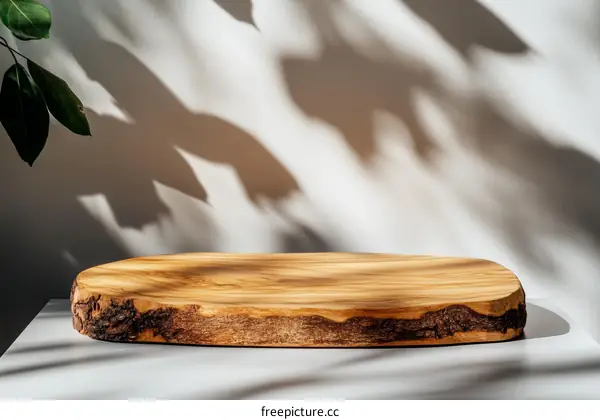 Wooden Cutting Board Display Against a White Wall with Shadows