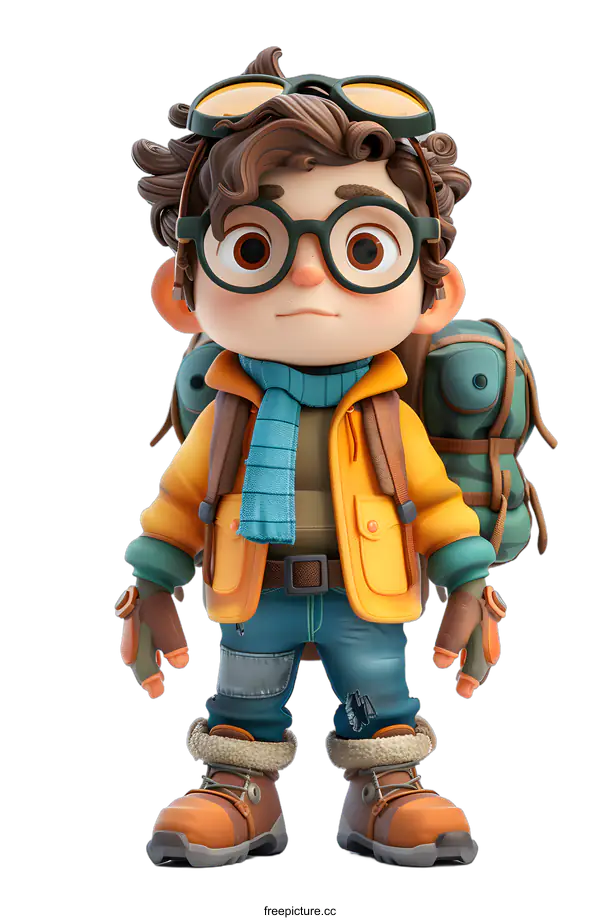 [Transparent Background PNG]A 3D rendering of a young boy wearing a yellow jacket, blue jeans, and a backpack