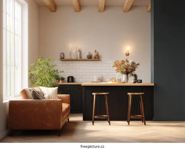 Cozy Modern Farmhouse Kitchen with Leather Sofa