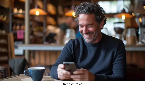 A man is looking at his phone and smiling.