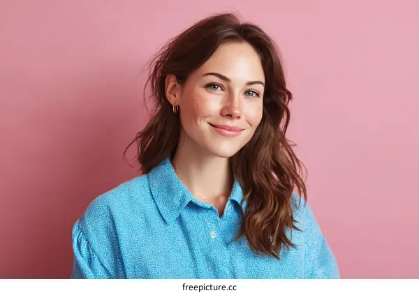Smiling Woman in Light Blue Shirt against Pink Background