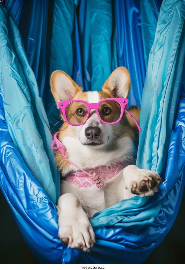 A cute dog wearing sunglasses is lying in a hammock