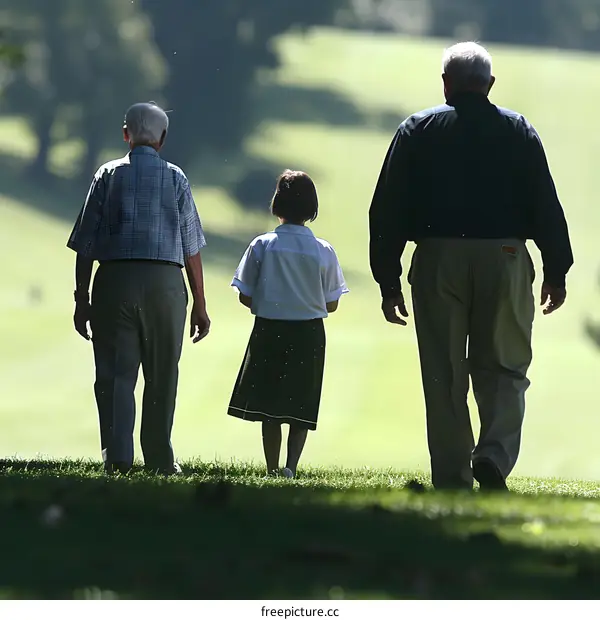 Three People Walking on Green Grass in Park