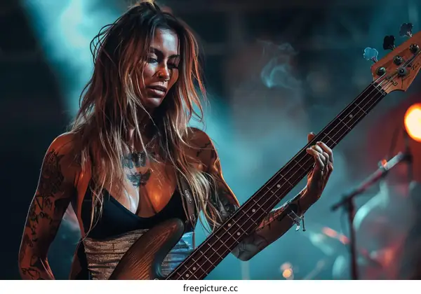 Portrait of a female bass player with tattoos and a confident expression on her face