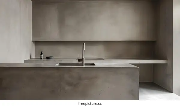 Minimalist Concrete Kitchen Countertop Design with Sink and Faucet